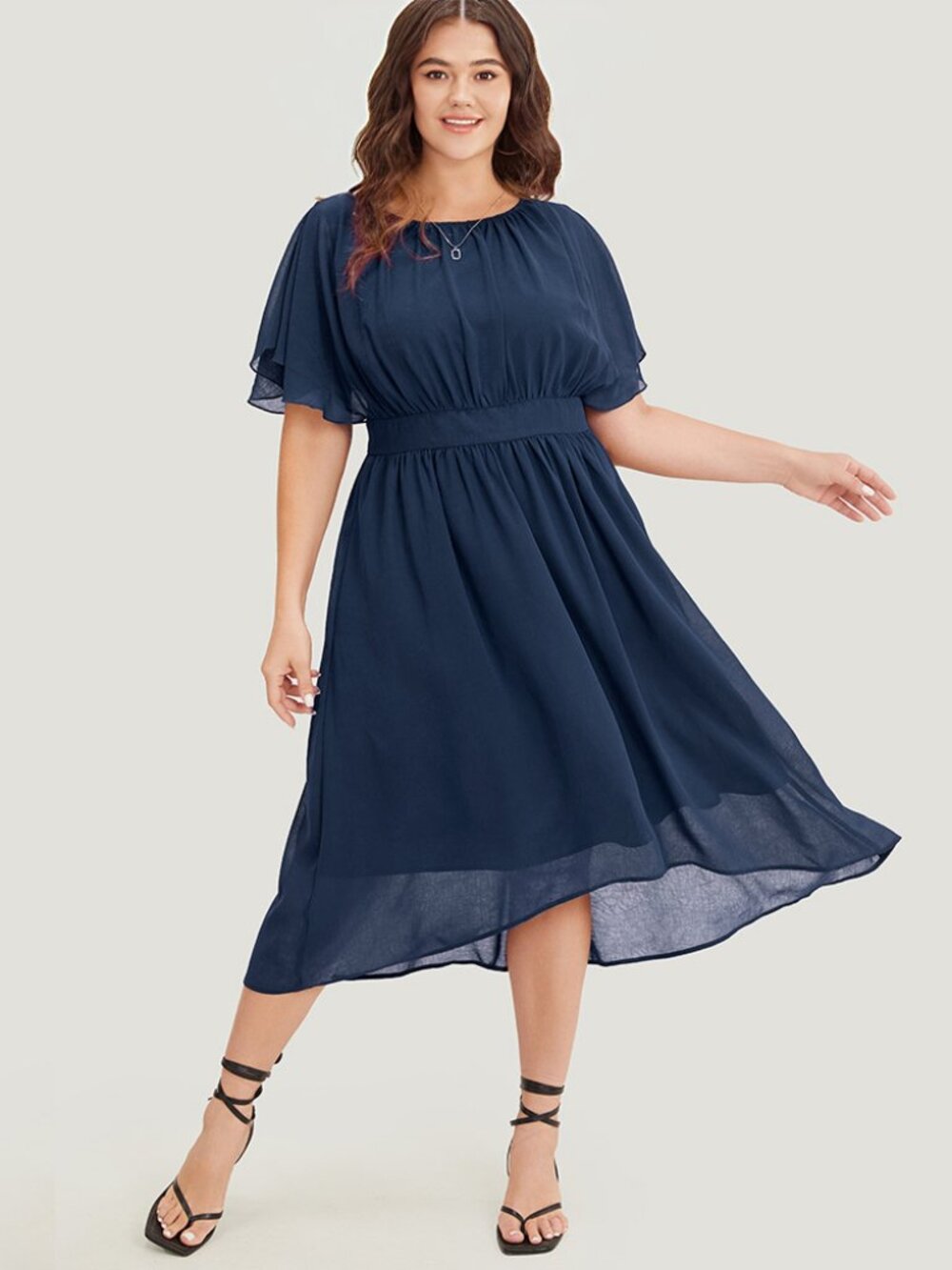 Solid Round Neck Pocket Shirred Back Mesh Ruffles  Dress